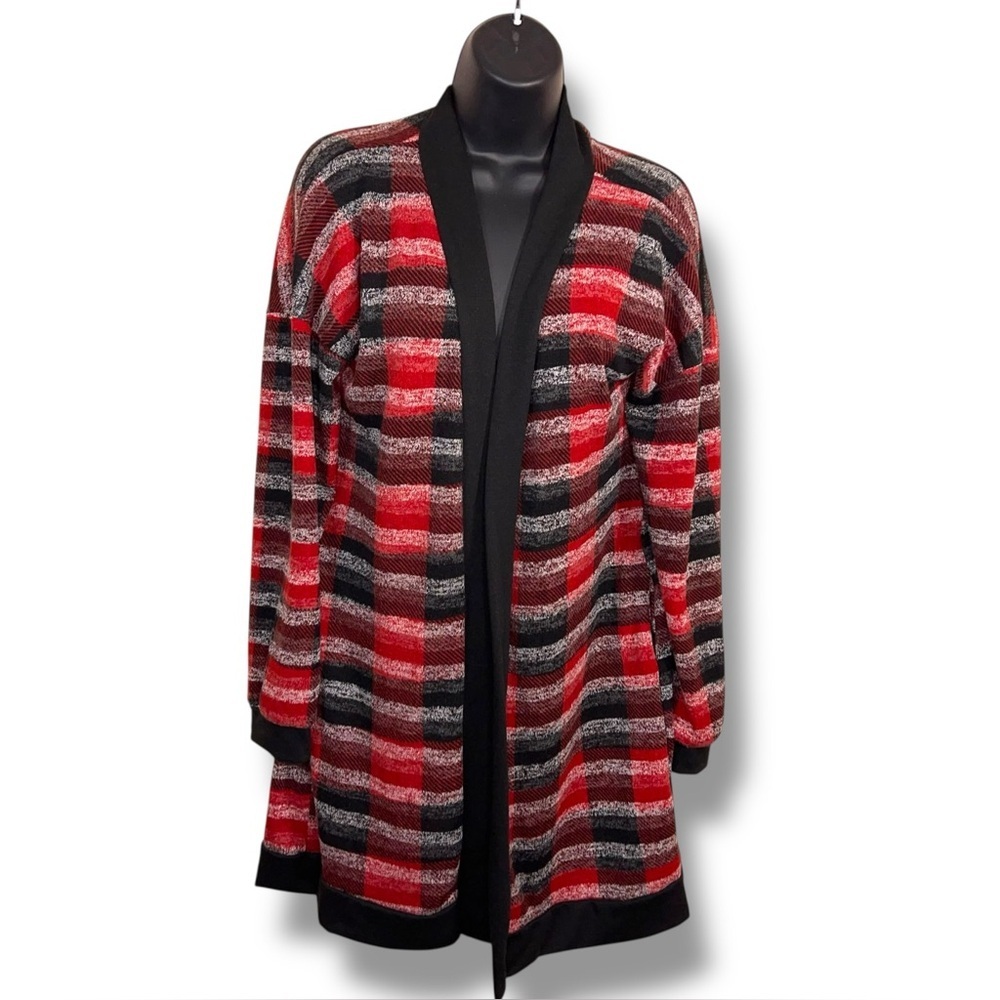 Large Heimish USA Red Black Plaid Shrug  Long Sleeve Flannel Look Comfortable